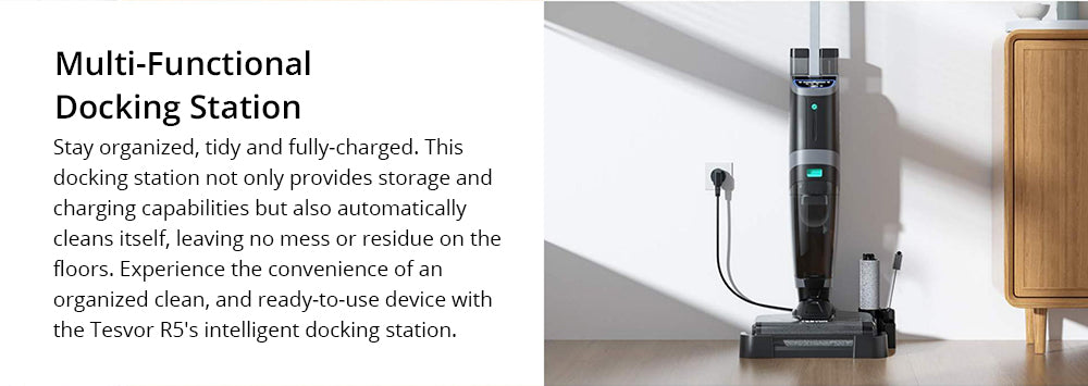 Bezšnúrový vysávač Tesvor R5 Pro na mokré a suché vysávanie, sací výkon 13000 Pa, samočistenie, 900 ml nádrž na vodu, inteligentný senzor nečistôt, maximálna doba prevádzky 45 minút, batéria 3800 mAh, hlasové ovládanie, LED displej
