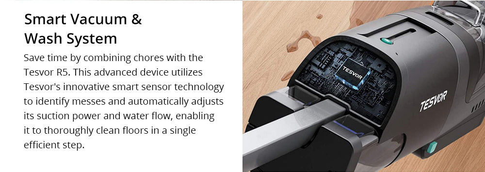 Bezšnúrový vysávač Tesvor R5 Pro na mokré a suché vysávanie, sací výkon 13000 Pa, samočistenie, 900 ml nádrž na vodu, inteligentný senzor nečistôt, maximálna doba prevádzky 45 minút, batéria 3800 mAh, hlasové ovládanie, LED displej