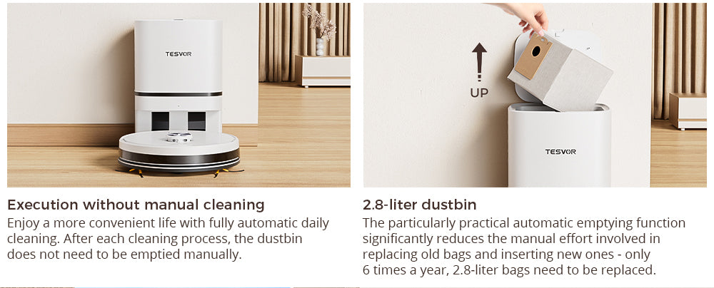Tesvor S7 Pro AES Robotický vysávač s automatickou stanicou na vyprázdnenie, funkciou utierania, sacím tlakom 6000 Pa, laserovou navigáciou, 600ml nádobkou na prach, 2,8L vreckom na prach, 180minútovou výdrží batérie, ovládanie cez aplikáciu/diaľkový ovládač - biela