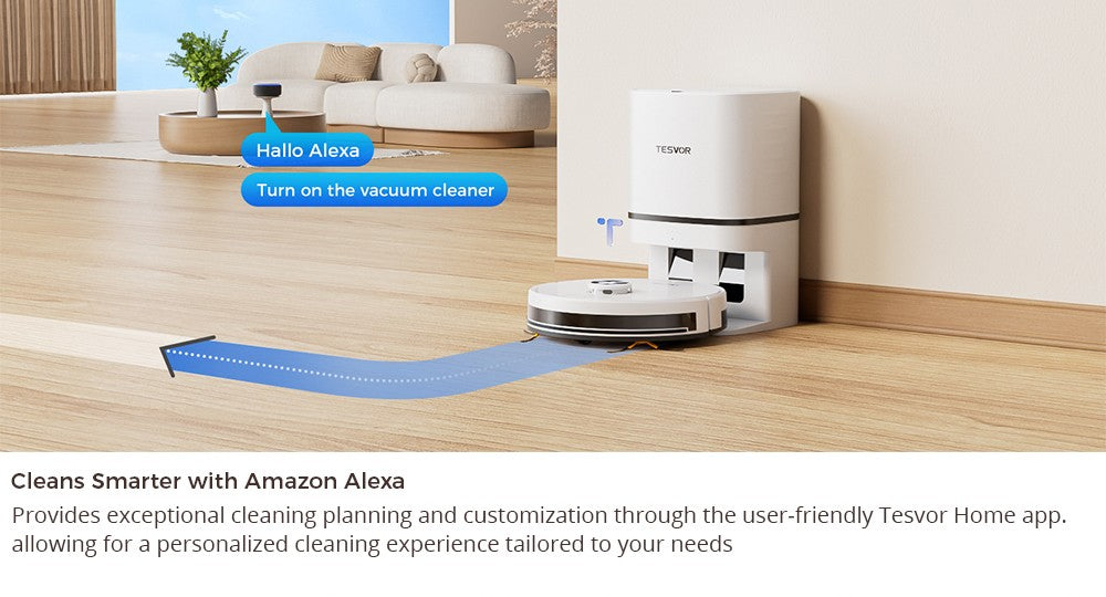 Tesvor S7 Pro AES Robotický vysávač s automatickou stanicou na vyprázdnenie, funkciou utierania, sacím tlakom 6000 Pa, laserovou navigáciou, 600ml nádobkou na prach, 2,8L vreckom na prach, 180minútovou výdrží batérie, ovládanie cez aplikáciu/diaľkový ovládač - biela
