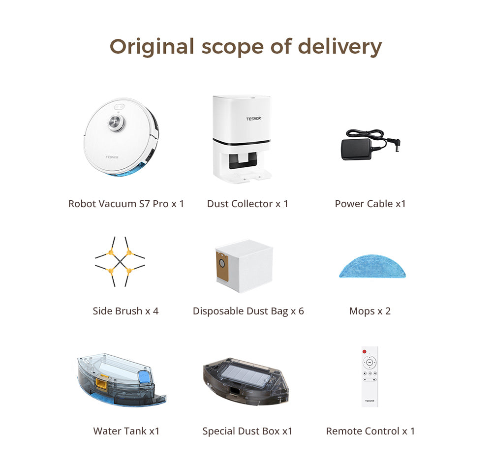 Tesvor S7 Pro AES Robotický vysávač s automatickou stanicou na vyprázdnenie, funkciou utierania, sacím tlakom 6000 Pa, laserovou navigáciou, 600ml nádobkou na prach, 2,8L vreckom na prach, 180minútovou výdrží batérie, ovládanie cez aplikáciu/diaľkový ovládač - biela