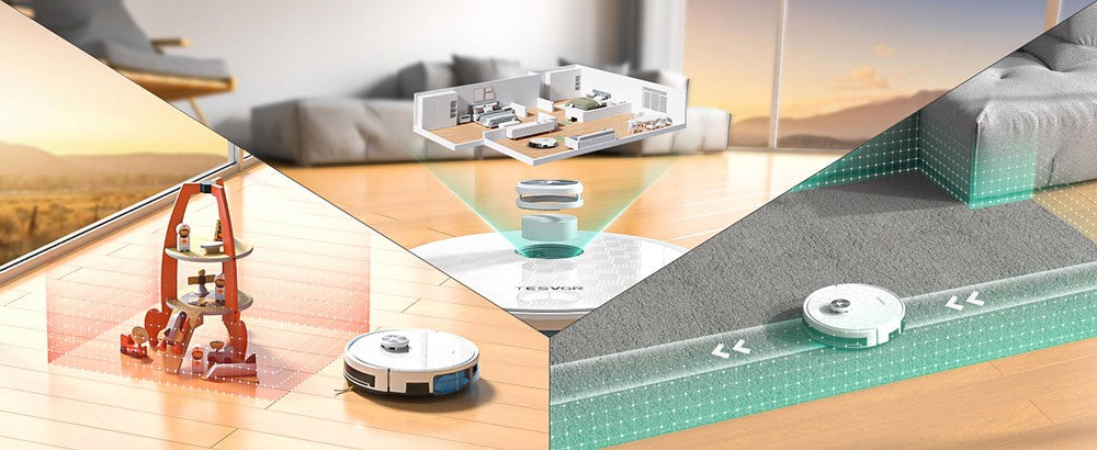 Tesvor S7 Pro Robotický vysávač s funkciou utierania, sací výkon 6000 Pa, laserová navigácia, 600 ml nádoba na prach, 180 minút prevádzky, max. plochy vysávania 150 m², ovládanie cez aplikáciu/diaľkový ovládač - biela