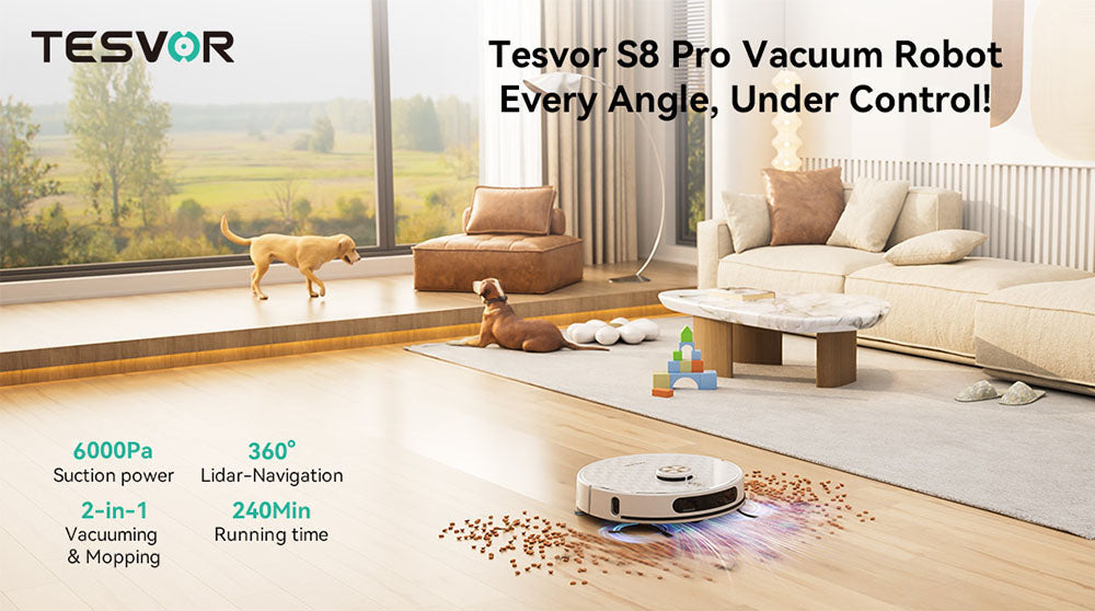 Tesvor S8 Pro 2 v 1 robotický vysávač s funkciou utierania, sací výkon 6000 Pa, LiDAR navigácia, doba prevádzky 240 minút, ovládanie cez aplikáciu/Alexa