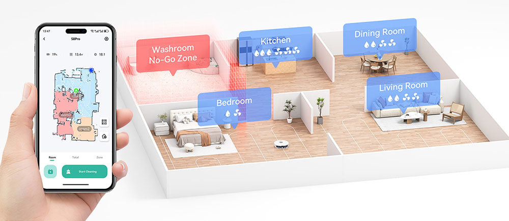 Tesvor S8 Pro 2 v 1 robotický vysávač s funkciou utierania, sací výkon 6000 Pa, LiDAR navigácia, doba prevádzky 240 minút, ovládanie cez aplikáciu/Alexa