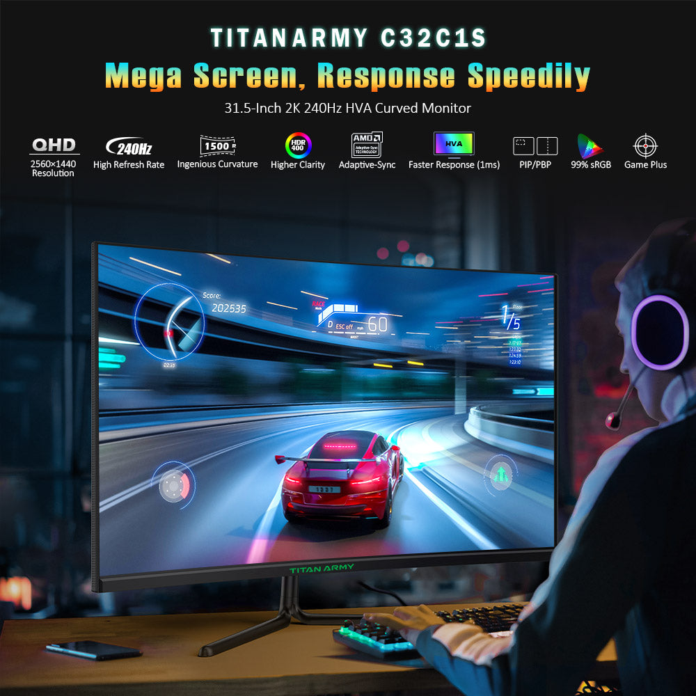 Herné monitory TITAN ARMY C32C1S s 31,5 palcovou obrazovkou, rozlíšením 2K a vysokou obnovovací frekvencií 240 Hz.