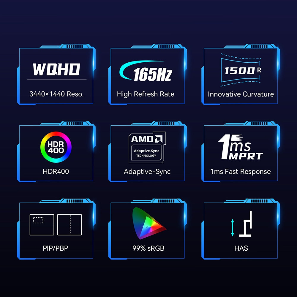 Herný monitor TITAN ARMY C34CHR, 34-palcový 1500R zakrivený displej s rozlíšením 3440x1440 WQHD, obnovovacia frekvencia 165 Hz, 1 ms MPRT, adaptívna synchronizácia, 99 % sRGB, podpora PIP a PBP displeja, podsvietenie pre e-športy, nastavenie sklonu, možnosť upevnenia na stenu, režim s nízkym modrým svetlom.