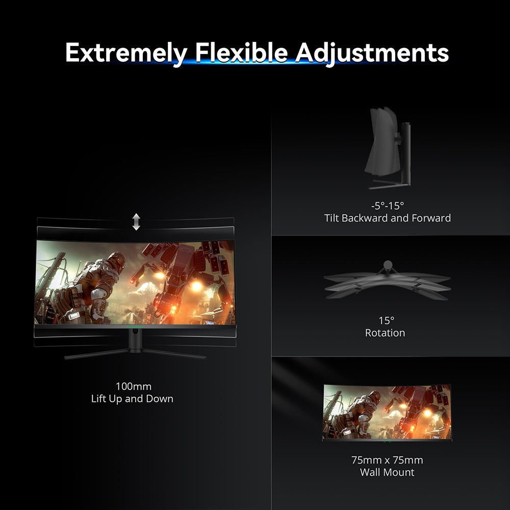 Herný monitor TITAN ARMY C34CHR, 34-palcový 1500R zakrivený displej s rozlíšením 3440x1440 WQHD, obnovovacia frekvencia 165 Hz, 1 ms MPRT, adaptívna synchronizácia, 99 % sRGB, podpora PIP a PBP displeja, podsvietenie pre e-športy, nastavenie sklonu, možnosť upevnenia na stenu, režim s nízkym modrým svetlom.