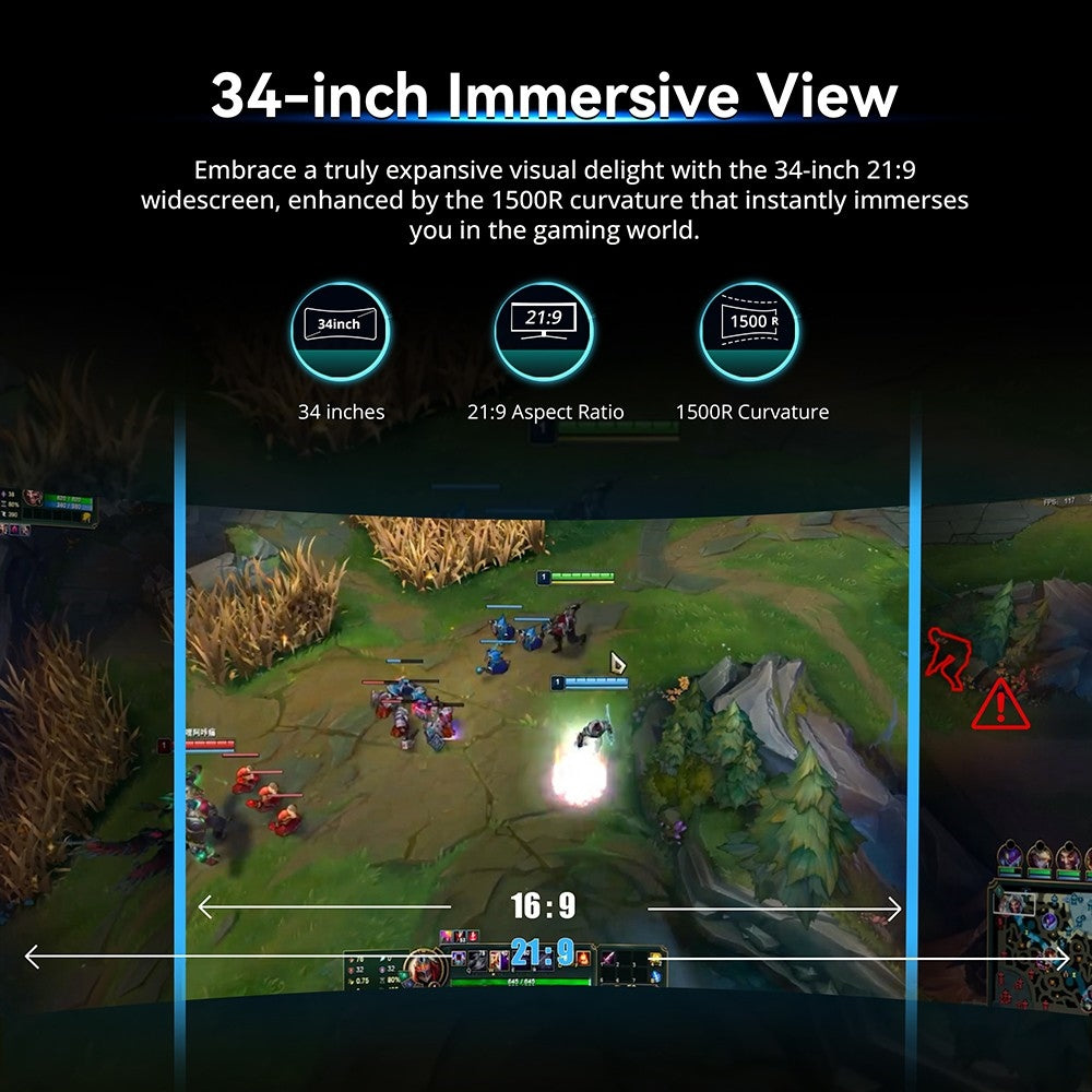Herný monitor TITAN ARMY C34CHR, 34-palcový 1500R zakrivený displej s rozlíšením 3440x1440 WQHD, obnovovacia frekvencia 165 Hz, 1 ms MPRT, adaptívna synchronizácia, 99 % sRGB, podpora PIP a PBP displeja, podsvietenie pre e-športy, nastavenie sklonu, možnosť upevnenia na stenu, režim s nízkym modrým svetlom.
