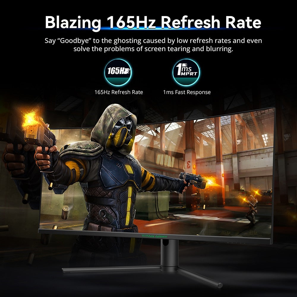 Herný monitor TITAN ARMY C34CHR, 34-palcový 1500R zakrivený displej s rozlíšením 3440x1440 WQHD, obnovovacia frekvencia 165 Hz, 1 ms MPRT, adaptívna synchronizácia, 99 % sRGB, podpora PIP a PBP displeja, podsvietenie pre e-športy, nastavenie sklonu, možnosť upevnenia na stenu, režim s nízkym modrým svetlom.