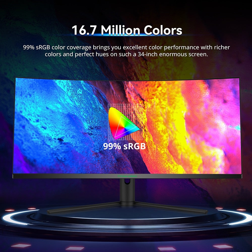 Herný monitor TITAN ARMY C34CHR, 34-palcový 1500R zakrivený displej s rozlíšením 3440x1440 WQHD, obnovovacia frekvencia 165 Hz, 1 ms MPRT, adaptívna synchronizácia, 99 % sRGB, podpora PIP a PBP displeja, podsvietenie pre e-športy, nastavenie sklonu, možnosť upevnenia na stenu, režim s nízkym modrým svetlom.
