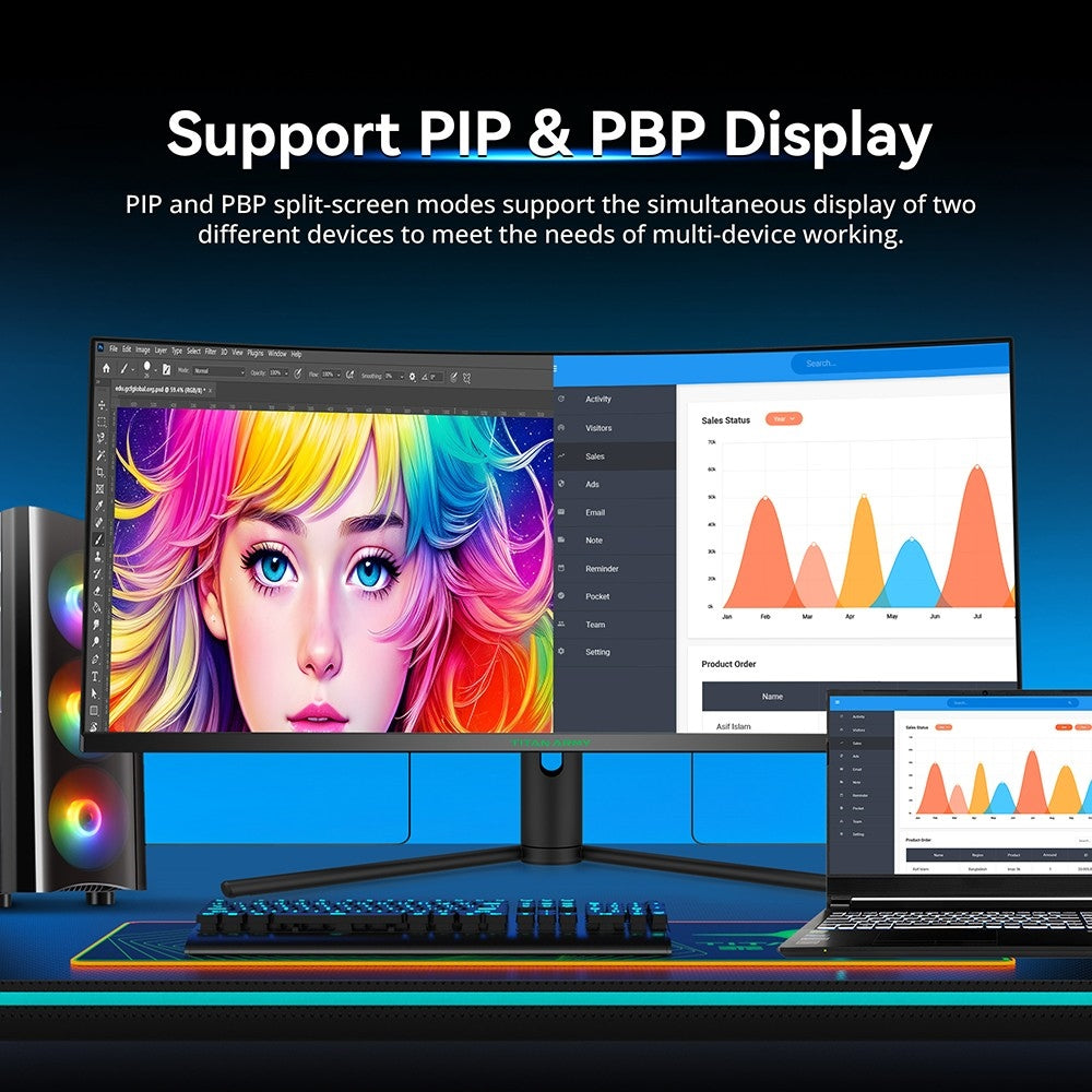 Herný monitor TITAN ARMY C34CHR, 34-palcový 1500R zakrivený displej s rozlíšením 3440x1440 WQHD, obnovovacia frekvencia 165 Hz, 1 ms MPRT, adaptívna synchronizácia, 99 % sRGB, podpora PIP a PBP displeja, podsvietenie pre e-športy, nastavenie sklonu, možnosť upevnenia na stenu, režim s nízkym modrým svetlom.