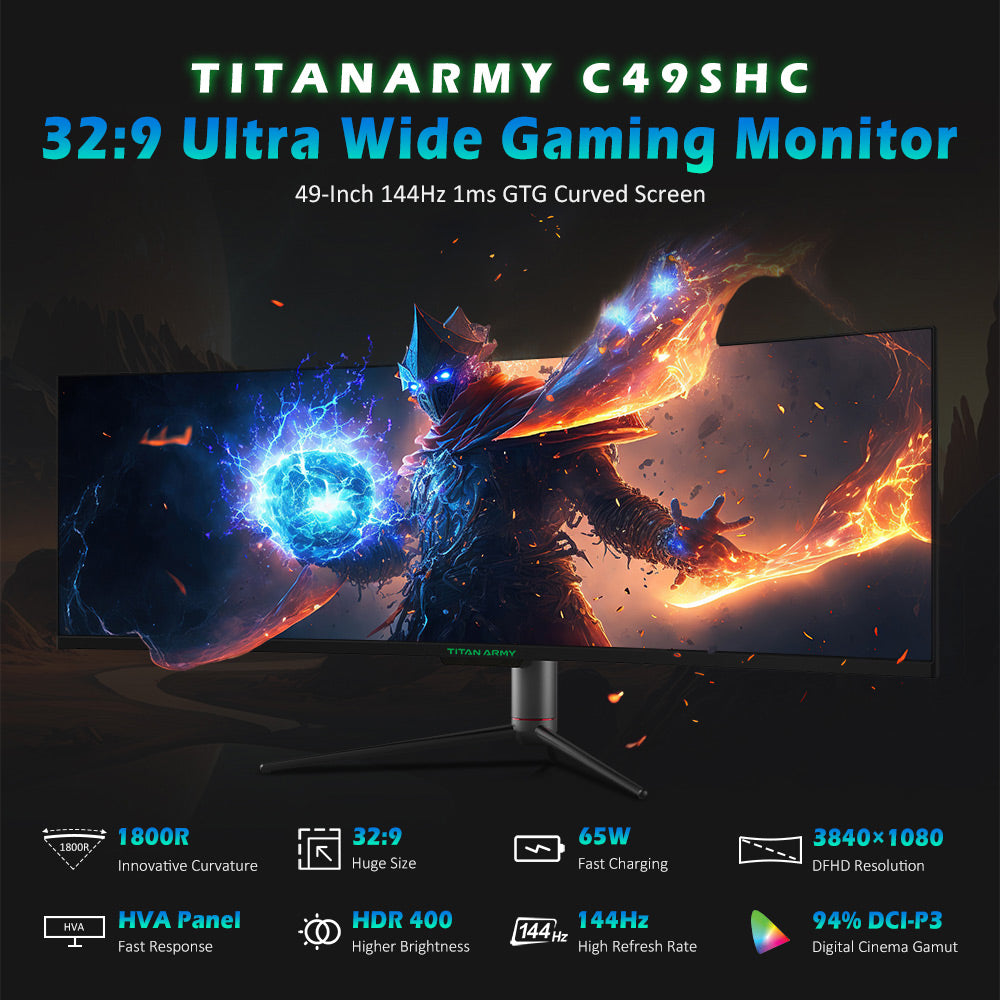 TITAN ARMY C49SHC 49-palcový herný monitor, 3840*1080 CSOT HVA panel, 32:9 prehnutá obrazovka, 144 Hz vysoká obnovovacia frekvencia, inteligentné rozdelenie obrazovky PIP/PBP, Adaptive-Sync, 1*HDMI 2.0 1*DP 1.4 1*USB-C s plnou funkčnosťou 1*USB-B 2*USB-A, 65W reverzné nabíjanie
