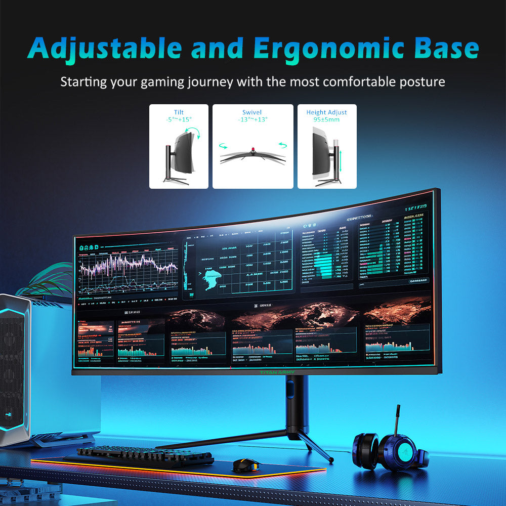 TITAN ARMY C49SHC 49-palcový herný monitor, 3840*1080 CSOT HVA panel, 32:9 prehnutá obrazovka, 144 Hz vysoká obnovovacia frekvencia, inteligentné rozdelenie obrazovky PIP/PBP, Adaptive-Sync, 1*HDMI 2.0 1*DP 1.4 1*USB-C s plnou funkčnosťou 1*USB-B 2*USB-A, 65W reverzné nabíjanie