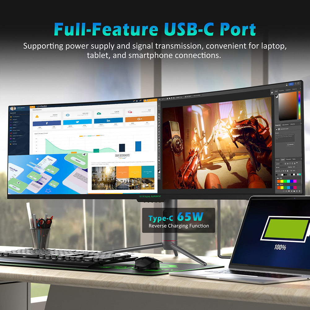 TITAN ARMY C49SHC 49-palcový herný monitor, 3840*1080 CSOT HVA panel, 32:9 prehnutá obrazovka, 144 Hz vysoká obnovovacia frekvencia, inteligentné rozdelenie obrazovky PIP/PBP, Adaptive-Sync, 1*HDMI 2.0 1*DP 1.4 1*USB-C s plnou funkčnosťou 1*USB-B 2*USB-A, 65W reverzné nabíjanie