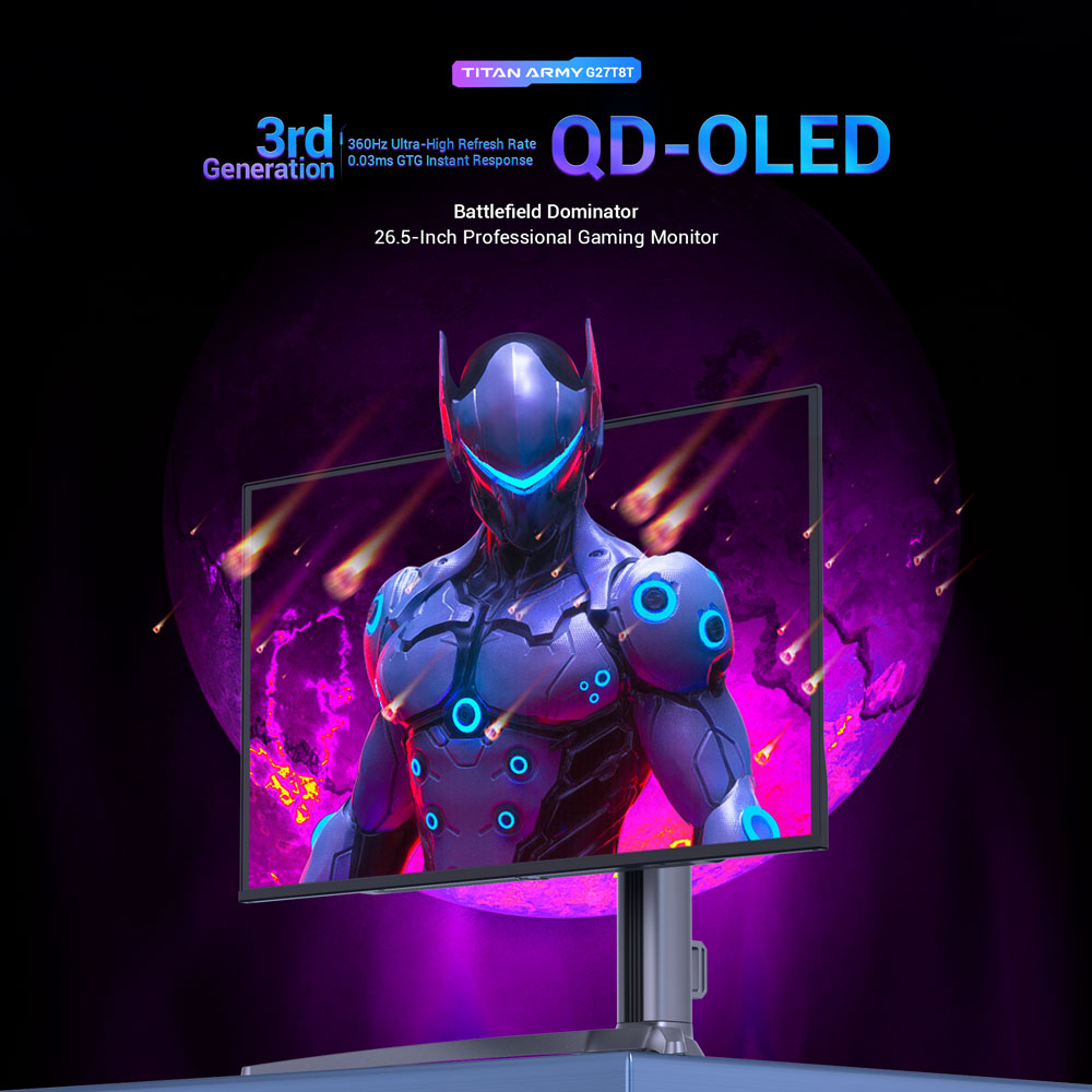 Herný monitor TITAN ARMY G27T8T, 26,5-palcový 2560*1440 QD-OLED displej, obnovovacia frekvencia 360 Hz, 0,03 ms GTG, 1000 nitov, HDR 400, Adaptive-Sync, Game Assist, 65W nabíjanie cez USB-C, duálne reproduktory, Ambient Light, 2*HDMI 2.1, 1*DP 1.4, 1*USB-A, 1*USB-B, 1*Audio
