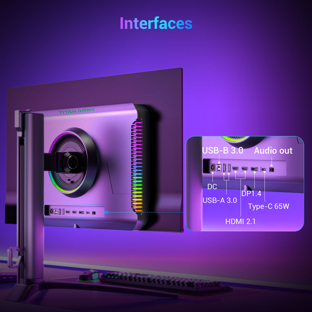 Herný monitor TITAN ARMY G27T8T, 26,5-palcový 2560*1440 QD-OLED displej, obnovovacia frekvencia 360 Hz, 0,03 ms GTG, 1000 nitov, HDR 400, Adaptive-Sync, Game Assist, 65W nabíjanie cez USB-C, duálne reproduktory, Ambient Light, 2*HDMI 2.1, 1*DP 1.4, 1*USB-A, 1*USB-B, 1*Audio