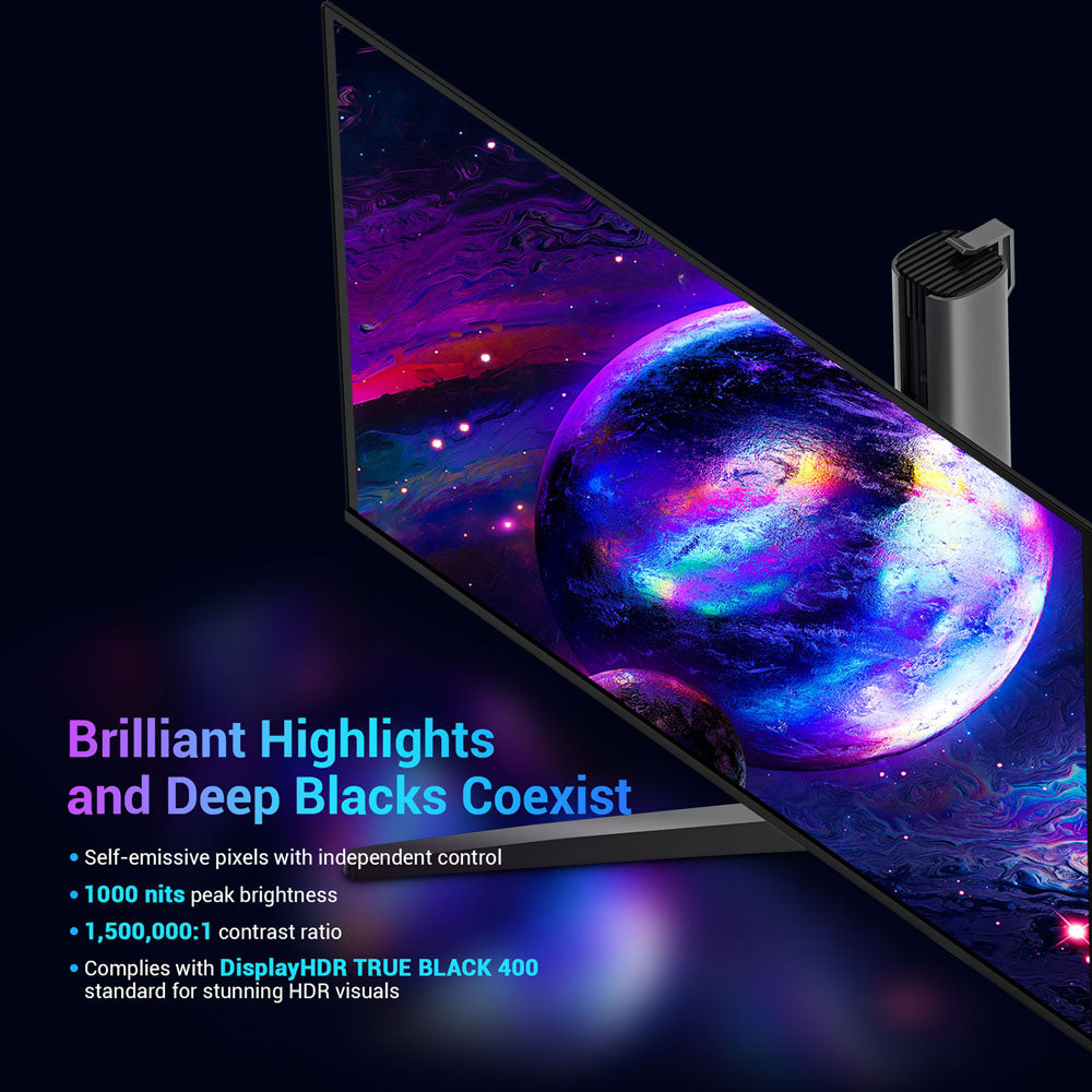 Herný monitor TITAN ARMY G27T8T, 26,5-palcový 2560*1440 QD-OLED displej, obnovovacia frekvencia 360 Hz, 0,03 ms GTG, 1000 nitov, HDR 400, Adaptive-Sync, Game Assist, 65W nabíjanie cez USB-C, duálne reproduktory, Ambient Light, 2*HDMI 2.1, 1*DP 1.4, 1*USB-A, 1*USB-B, 1*Audio