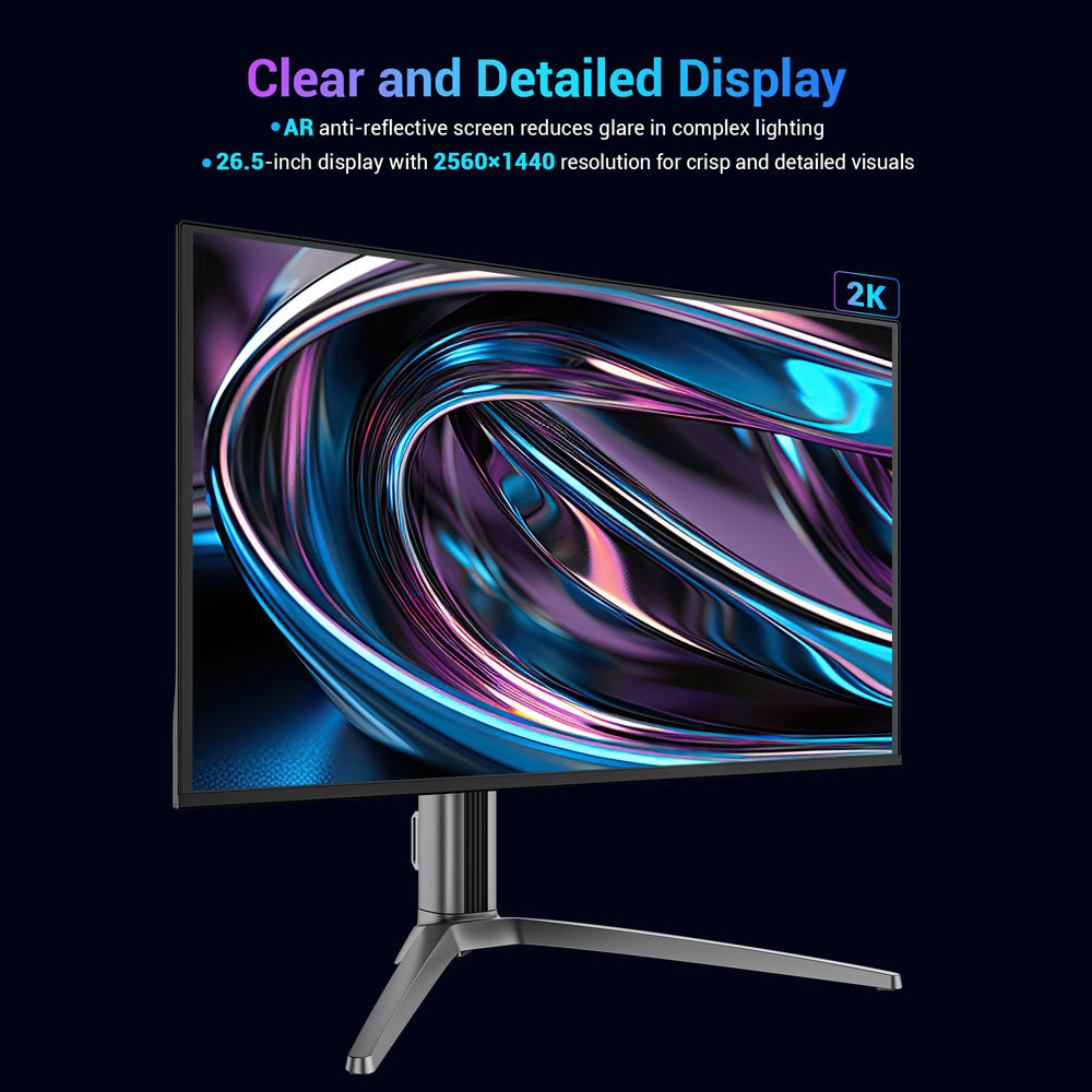 Herný monitor TITAN ARMY G27T8T, 26,5-palcový 2560*1440 QD-OLED displej, obnovovacia frekvencia 360 Hz, 0,03 ms GTG, 1000 nitov, HDR 400, Adaptive-Sync, Game Assist, 65W nabíjanie cez USB-C, duálne reproduktory, Ambient Light, 2*HDMI 2.1, 1*DP 1.4, 1*USB-A, 1*USB-B, 1*Audio