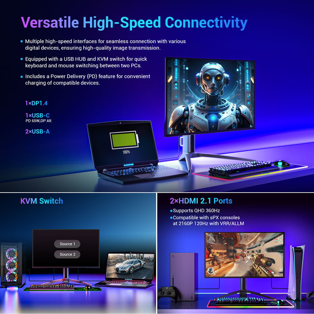 Herný monitor TITAN ARMY G27T8T, 26,5-palcový 2560*1440 QD-OLED displej, obnovovacia frekvencia 360 Hz, 0,03 ms GTG, 1000 nitov, HDR 400, Adaptive-Sync, Game Assist, 65W nabíjanie cez USB-C, duálne reproduktory, Ambient Light, 2*HDMI 2.1, 1*DP 1.4, 1*USB-A, 1*USB-B, 1*Audio