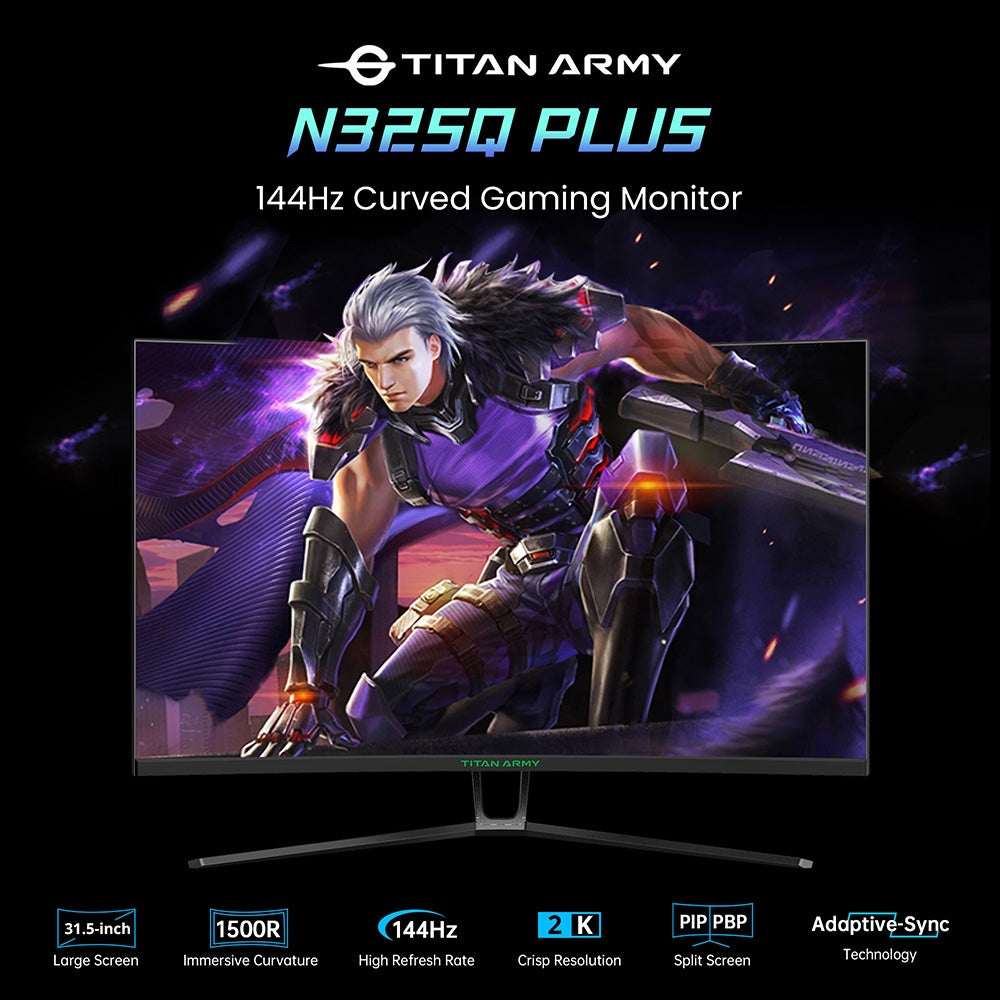 Herný monitor TITAN ARMY N32SQ PLUS s zakriveným displejom, 31,5-palcový 1500R 16:9 VA panel, obnovovacia frekvencia 144 Hz, rozlíšenie 2560x1440 HD, 99% sRGB, doba odezvy 1 ms MPRT, nízka modrá, podpora herných režimov FPS/RTS, 2*HDMI 2.0, 2*DP 1.4, 1*Audio, nastavenie sklonu s možnosťou upevnenia na stenu.