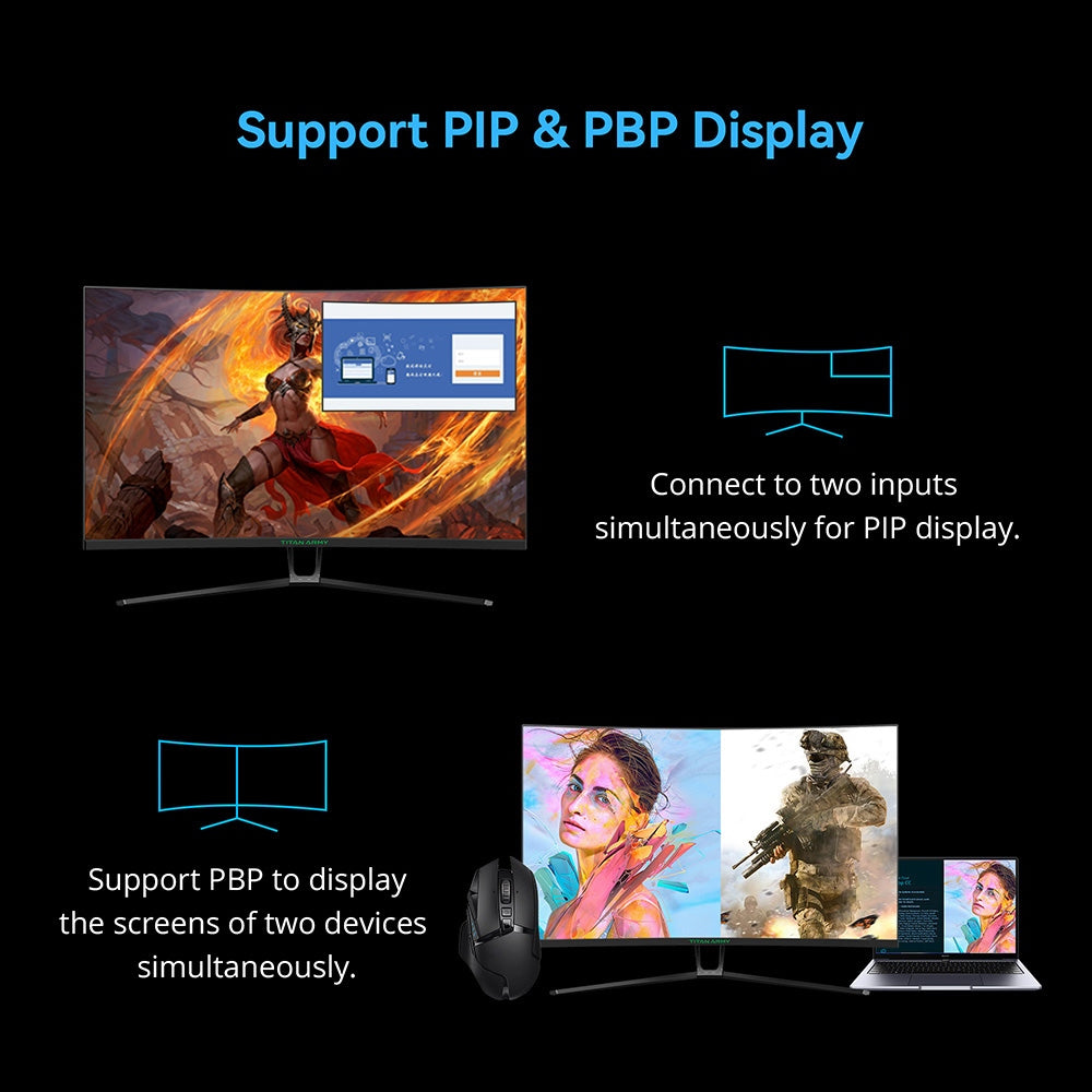 Herný monitor TITAN ARMY N32SQ PLUS s zakriveným displejom, 31,5-palcový 1500R 16:9 VA panel, obnovovacia frekvencia 144 Hz, rozlíšenie 2560x1440 HD, 99% sRGB, doba odezvy 1 ms MPRT, nízka modrá, podpora herných režimov FPS/RTS, 2*HDMI 2.0, 2*DP 1.4, 1*Audio, nastavenie sklonu s možnosťou upevnenia na stenu.