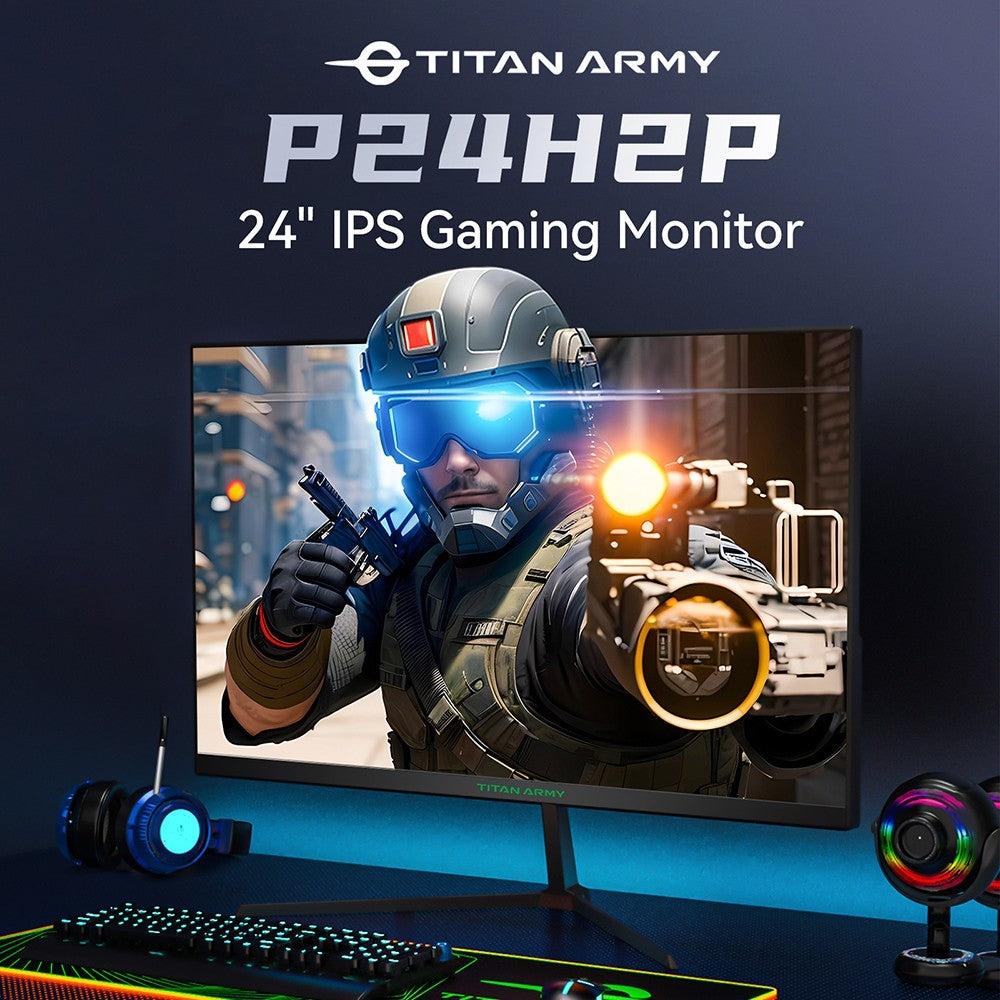 Herný monitor TITAN ARMY P24H2P, 24-palcový IPS panel, obnovovacia frekvencia 100 Hz, rozlíšenie 1920x1080 FHD, 99 % sRGB, adaptívna synchronizácia, inteligentná optimalizácia DCR, nízke modré svetlo, 1*HDMI1.4 1*VGA 1*Audio, nastavenie sklonu, VESA montáž.