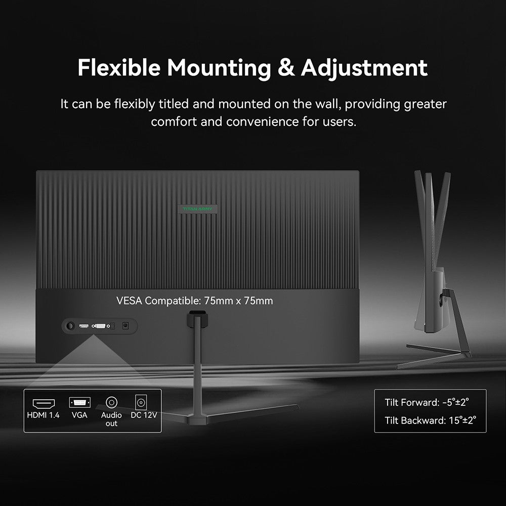 Herný monitor TITAN ARMY P24H2P, 24-palcový IPS panel, obnovovací frekvencia 100 Hz, rozlíšenie FHD 1920x1080, 99 % sRGB, adaptívna synchronizácia, inteligentná optimalizácia DCR, nízka modrá vlna, 1*HDMI1.4 1*VGA 1*Audio, nastavenie sklonu, VESA montáž