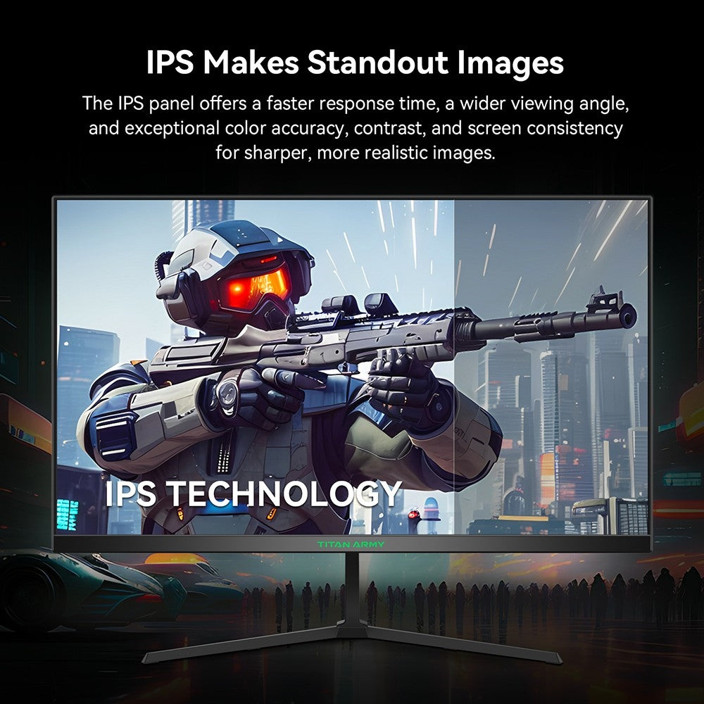 Herný monitor TITAN ARMY P24H2P, 24-palcový IPS panel, obnovovací frekvencia 100 Hz, rozlíšenie FHD 1920x1080, 99 % sRGB, adaptívna synchronizácia, inteligentná optimalizácia DCR, nízka modrá vlna, 1*HDMI1.4 1*VGA 1*Audio, nastavenie sklonu, VESA montáž