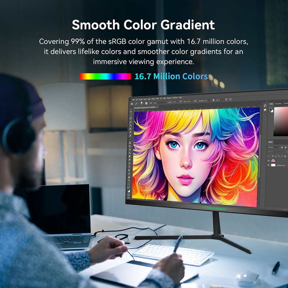 Herný monitor TITAN ARMY P24H2P, 24-palcový IPS panel, obnovovací frekvencia 100 Hz, rozlíšenie FHD 1920x1080, 99 % sRGB, adaptívna synchronizácia, inteligentná optimalizácia DCR, nízka modrá vlna, 1*HDMI1.4 1*VGA 1*Audio, nastavenie sklonu, VESA montáž