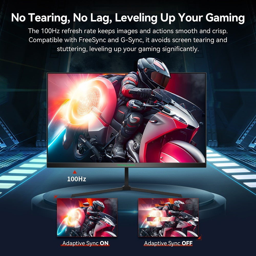 Herný monitor TITAN ARMY P24H2P, 24-palcový IPS panel, obnovovací frekvencia 100 Hz, rozlíšenie FHD 1920x1080, 99 % sRGB, adaptívna synchronizácia, inteligentná optimalizácia DCR, nízka modrá vlna, 1*HDMI1.4 1*VGA 1*Audio, nastavenie sklonu, VESA montáž