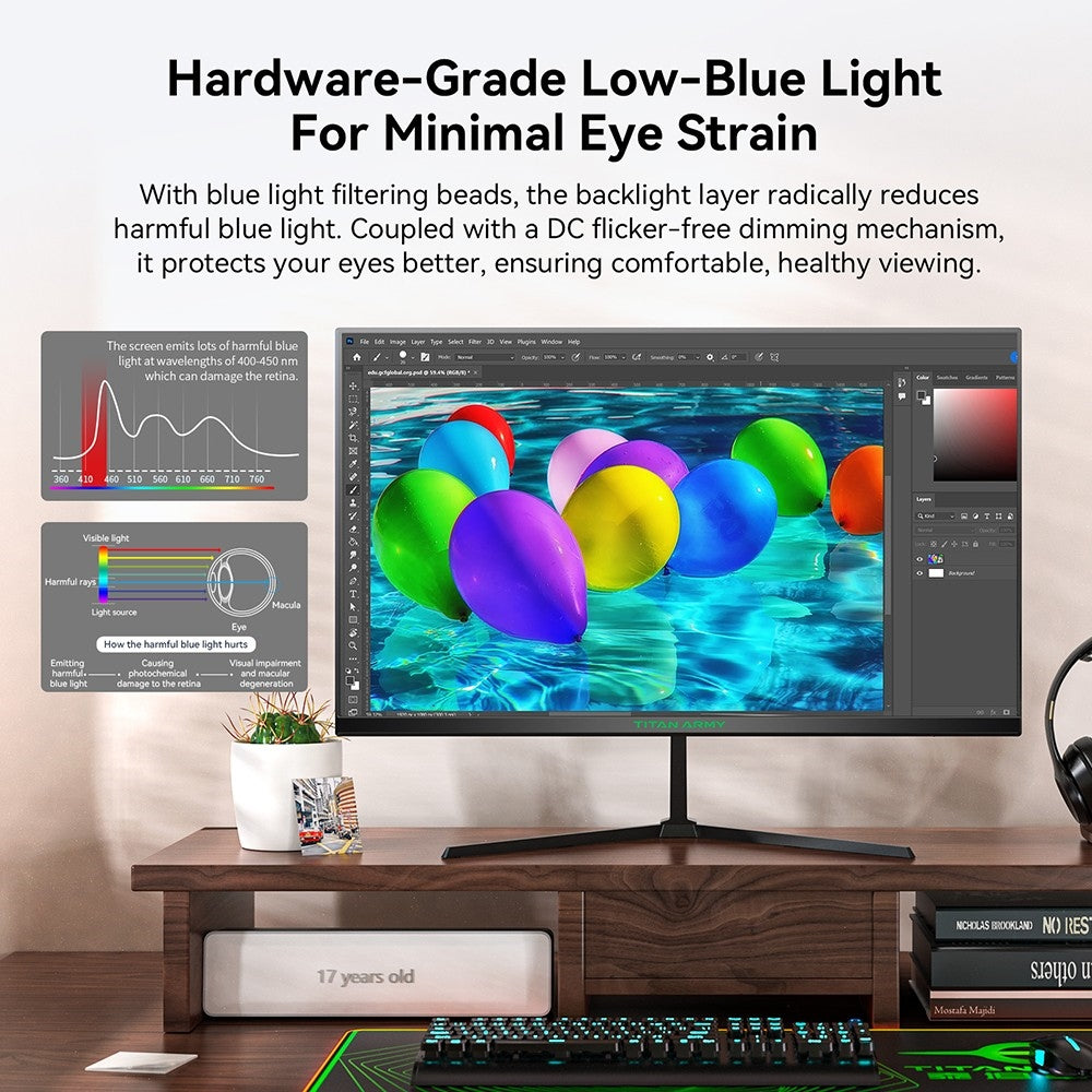 Herný monitor TITAN ARMY P24H2P, 24-palcový IPS panel, obnovovací frekvencia 100 Hz, rozlíšenie FHD 1920x1080, 99 % sRGB, adaptívna synchronizácia, inteligentná optimalizácia DCR, nízka modrá vlna, 1*HDMI1.4 1*VGA 1*Audio, nastavenie sklonu, VESA montáž