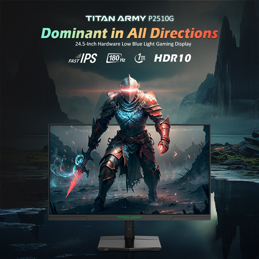 Herný monitor TITAN ARMY P2510G, 24,5'' 1920*1080 FAST IPS displej, obnovovacia frekvencia 180 Hz, HDR10, 99 % sRGB, 1 ms GTG, Adaptive Sync, Dynamic OD, Game Assist, 8 režimov scény, hardvérový režim s nízkým modrým svetlom, nastaviteľný sklon, VESA montáž, 1*HDMI2.0 1*DP1.4 1* Audio