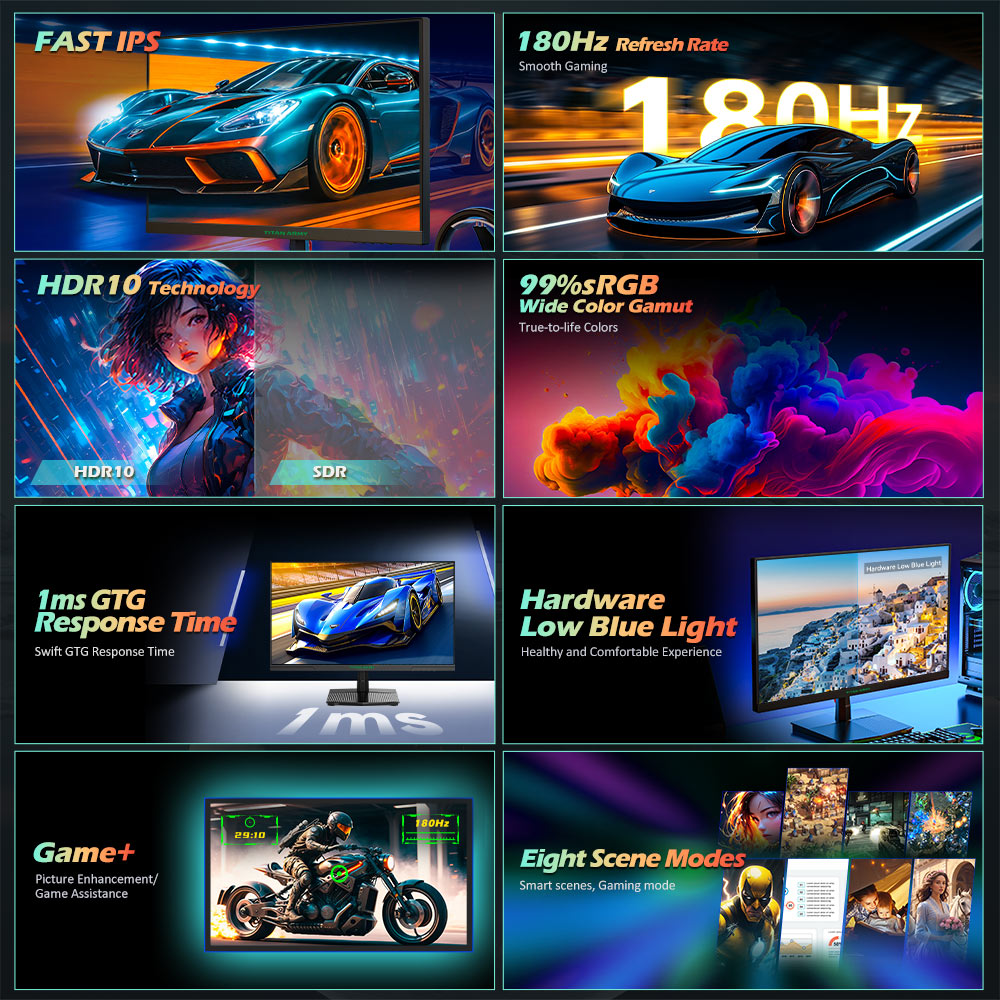 Herný monitor TITAN ARMY P2510G, 24,5'' 1920*1080 FAST IPS displej, obnovovacia frekvencia 180 Hz, HDR10, 99 % sRGB, 1 ms GTG, Adaptive Sync, Dynamic OD, Game Assist, 8 režimov scény, hardvérový režim s nízkým modrým svetlom, nastaviteľný sklon, VESA montáž, 1*HDMI2.0 1*DP1.4 1* Audio