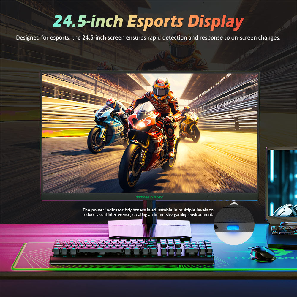 Herný monitor TITAN ARMY P2510G, 24,5'' 1920*1080 FAST IPS displej, obnovovacia frekvencia 180 Hz, HDR10, 99 % sRGB, 1 ms GTG, Adaptive Sync, Dynamic OD, Game Assist, 8 režimov scény, hardvérový režim s nízkým modrým svetlom, nastaviteľný sklon, VESA montáž, 1*HDMI2.0 1*DP1.4 1* Audio