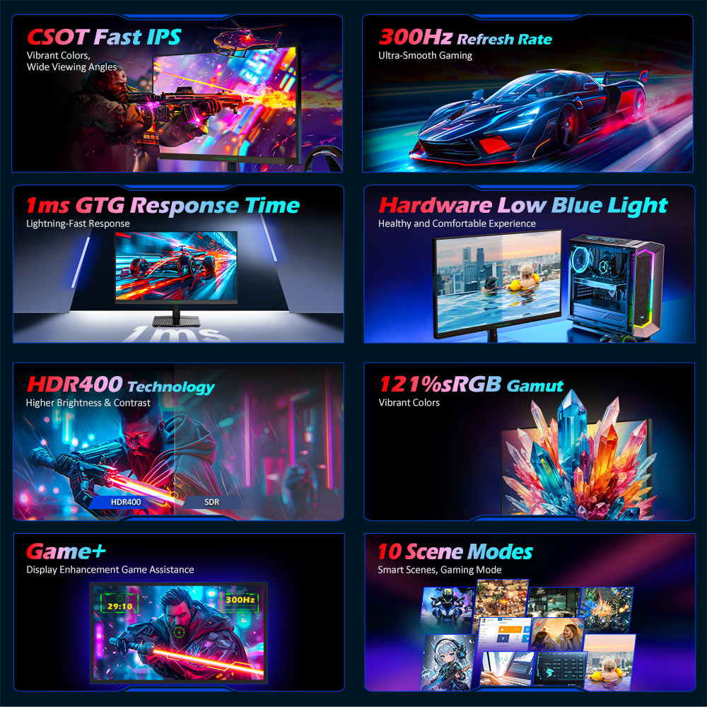 Herný monitor TITAN ARMY P2510HS, 24,5-palcový 1920*1080 CSOT Fast IPS displej, obnovovacia frekvencia 300 Hz, HDR400, 121 % sRGB, doba odezvy 1 ms GTG, Adaptive-Sync, hardvérový režim s nízkym modrým svetlom, herné asistencie, PIP/PBP displej, uchy na VESA.