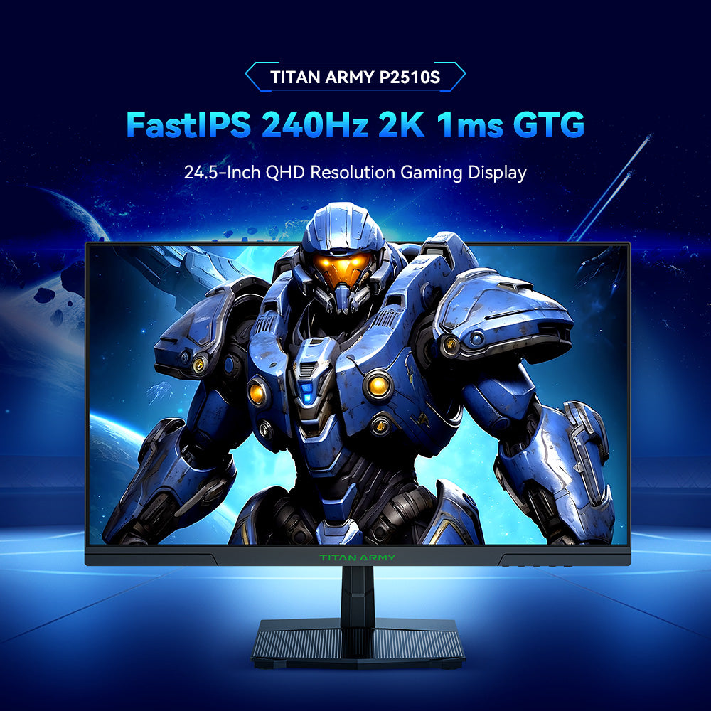 Herný monitor TITAN ARMY P2510S, 24,5'' 2560*1440 QHD FAST IPS displej, obnovovacia frekvencia 240 Hz, 1 ms GTG, 95 % DCI-P3, HDR10, Adaptive-Sync, Dynamic OD, režim Game Rush, PIP & PBP zobrazenie, všestranné režimy obrazu, redukcia modrého svetla, uchytenie na stenu VESA.