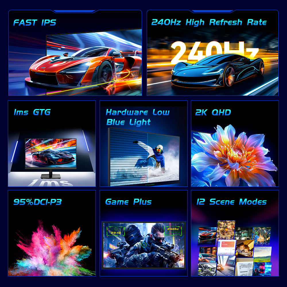 Herný monitor TITAN ARMY P2510S, 24,5'' 2560*1440 QHD FAST IPS displej, obnovovacia frekvencia 240 Hz, 1 ms GTG, 95 % DCI-P3, HDR10, Adaptive-Sync, Dynamic OD, režim Game Rush, PIP & PBP displej, všestranné režimy zobrazenia, redukcia modrého svetla, VESA uchytenie na stenu.