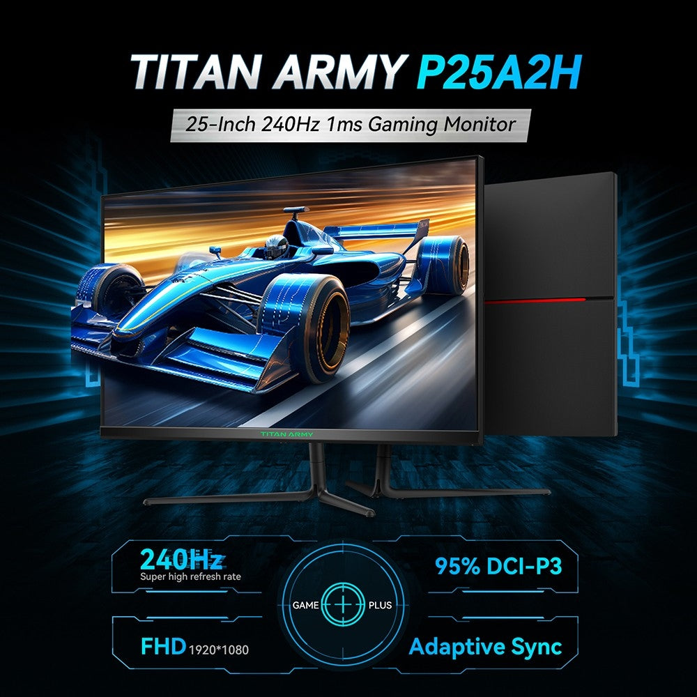 Herný monitor TITAN ARMY P25A2H, 25-palcový 1920x1080 FHD displej, obnovovací frekvencia 240 Hz, 1 ms MPRT, adaptívna synchronizácia, pozorovací uhol 178°, 95% farebná paleta DCI-P3, podpora režimu FPS/RTS, PIP a PBP displej, nízka modrá svetla, možnosť upevnenia na stenu.