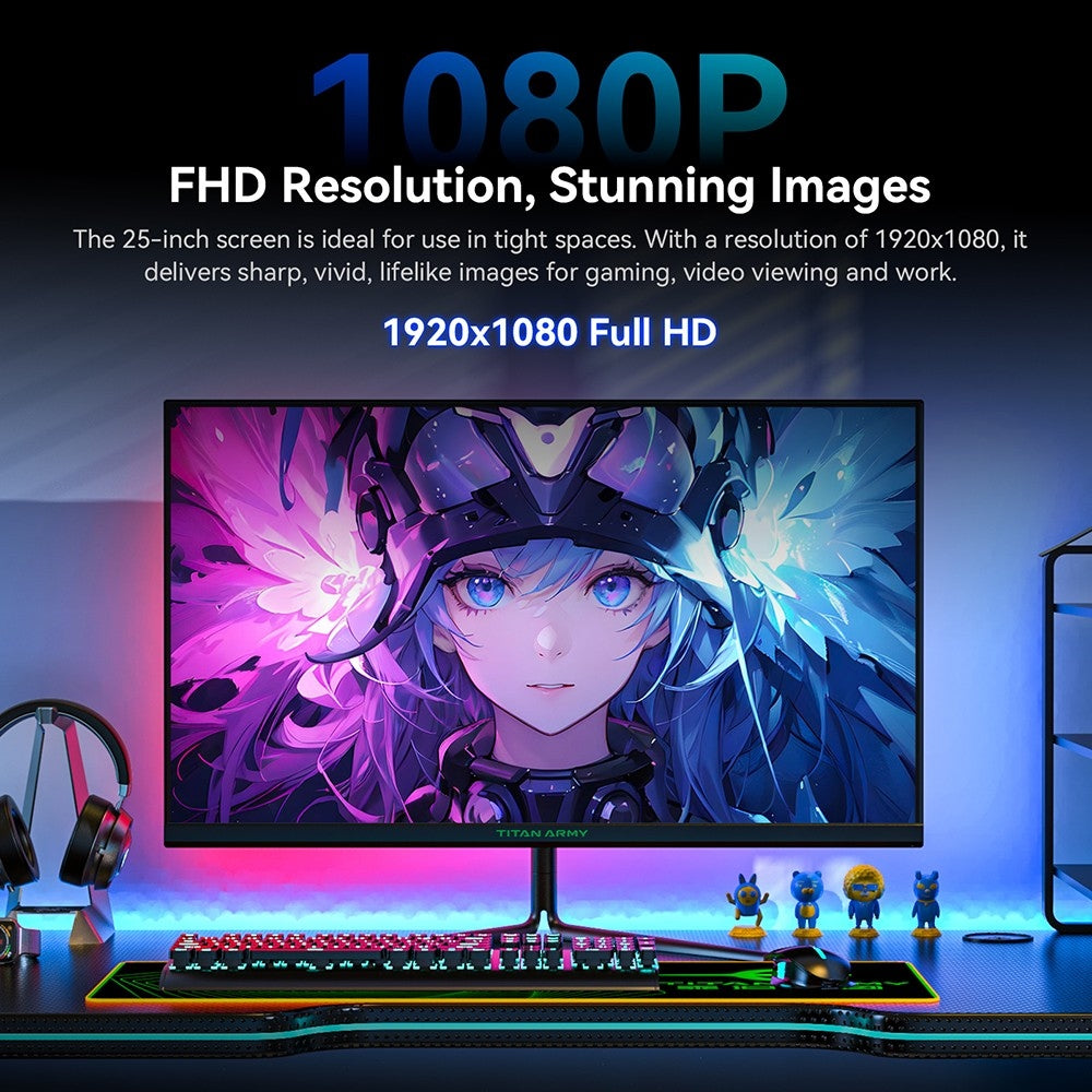 Herný monitor TITAN ARMY P25A2H, 25-palcový 1920x1080 FHD displej, obnovovací frekvencia 240 Hz, 1 ms MPRT, adaptívna synchronizácia, pozorovací uhol 178°, 95% farebná paleta DCI-P3, podpora režimu FPS/RTS, PIP a PBP displej, nízka modrá svetla, možnosť upevnenia na stenu.