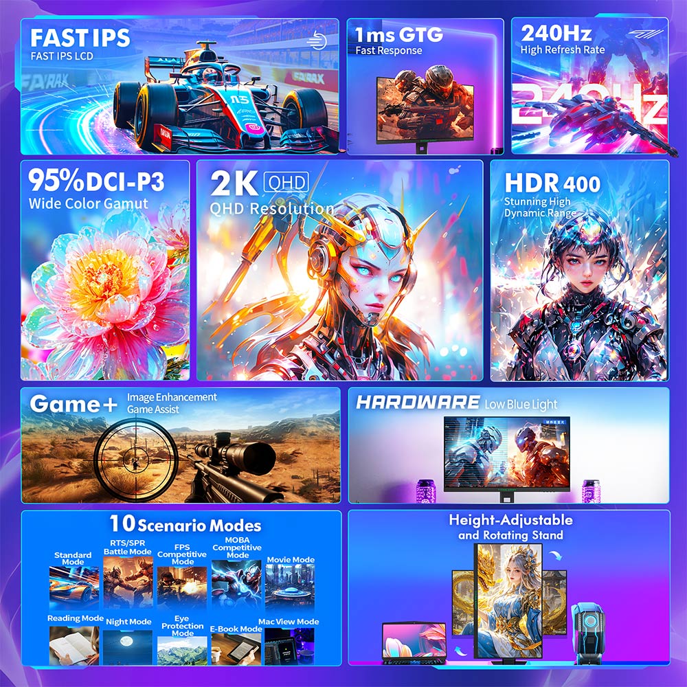Herný monitor TITAN ARMY P2710S, 27-palcový 2560*1440 16:9 Fast IPS LCD displej, obnovovacia frekvencia 240 Hz, 1 ms GTG, HDR 400, Adaptive-Sync, Dynamic OD, herný režim a 10 režimových scén, režim rozdeleného obrazu PBP a PIP, otočný stojan, možnosť upevnenia na stenu.
