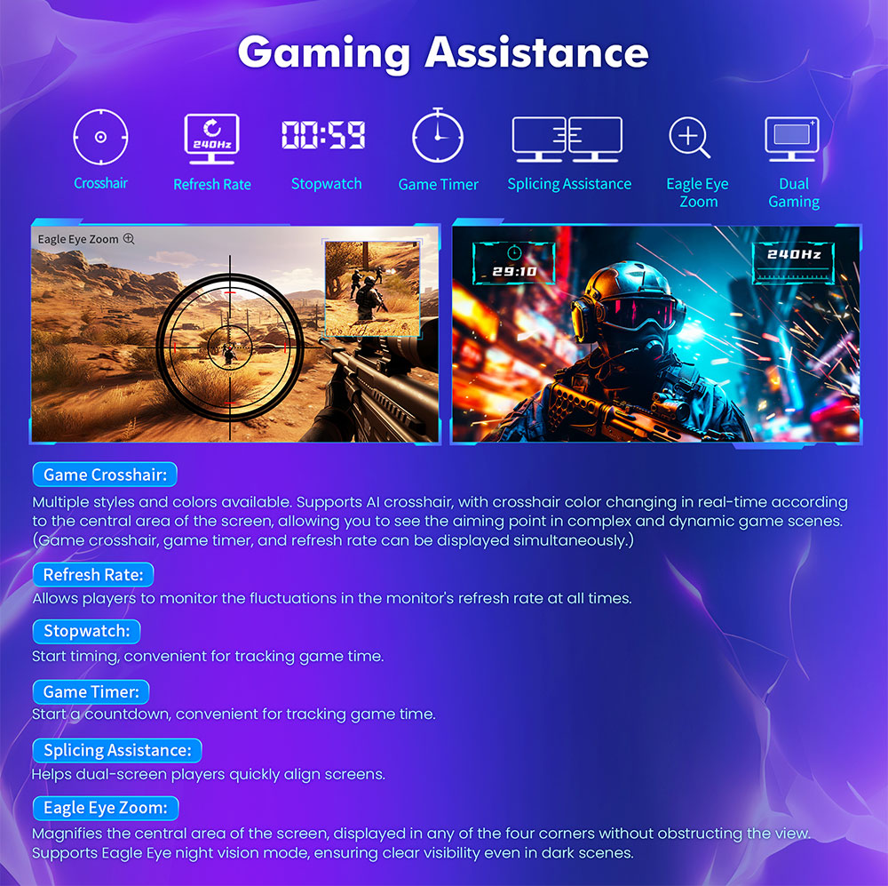 Herný monitor TITAN ARMY P2710S, 27-palcový 2560*1440 16:9 Fast IPS LCD displej, obnovovacia frekvencia 240 Hz, 1 ms GTG, HDR 400, Adaptive-Sync, Dynamic OD, herný režim a 10 režimových scén, režim rozdeleného obrazu PBP a PIP, otočný stojan, možnosť upevnenia na stenu.