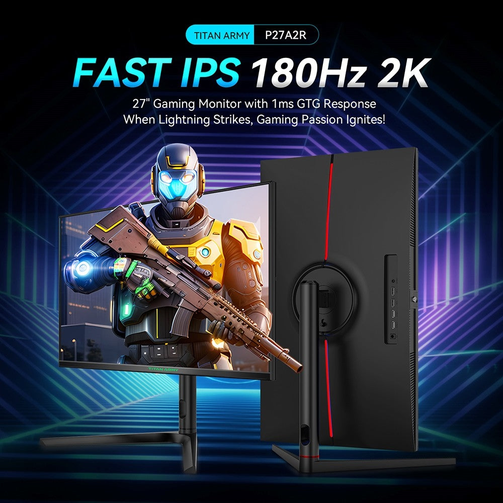 Herný monitor TITAN ARMY P27A2R s 27-palcovým displejom, vysokorýchlostný IPS panel s obnovovacou frekvenciou 180 Hz a adaptívnou synchronizáciou, rozlíšenie 2560*1440 QHD, doba odezvy 1 ms GTG, 95 % pokrytie farebného priestoru DCI-P3, podpora herných režimov FPS/RTS, režim s nízkou modrou vlnovou dĺžkou, 2x HDMI 2.0, 2x DP 1.4, 1x audio výstup, výškovo nastaviteľný stojan s možnosťou upevnenia na stenu (VESA).