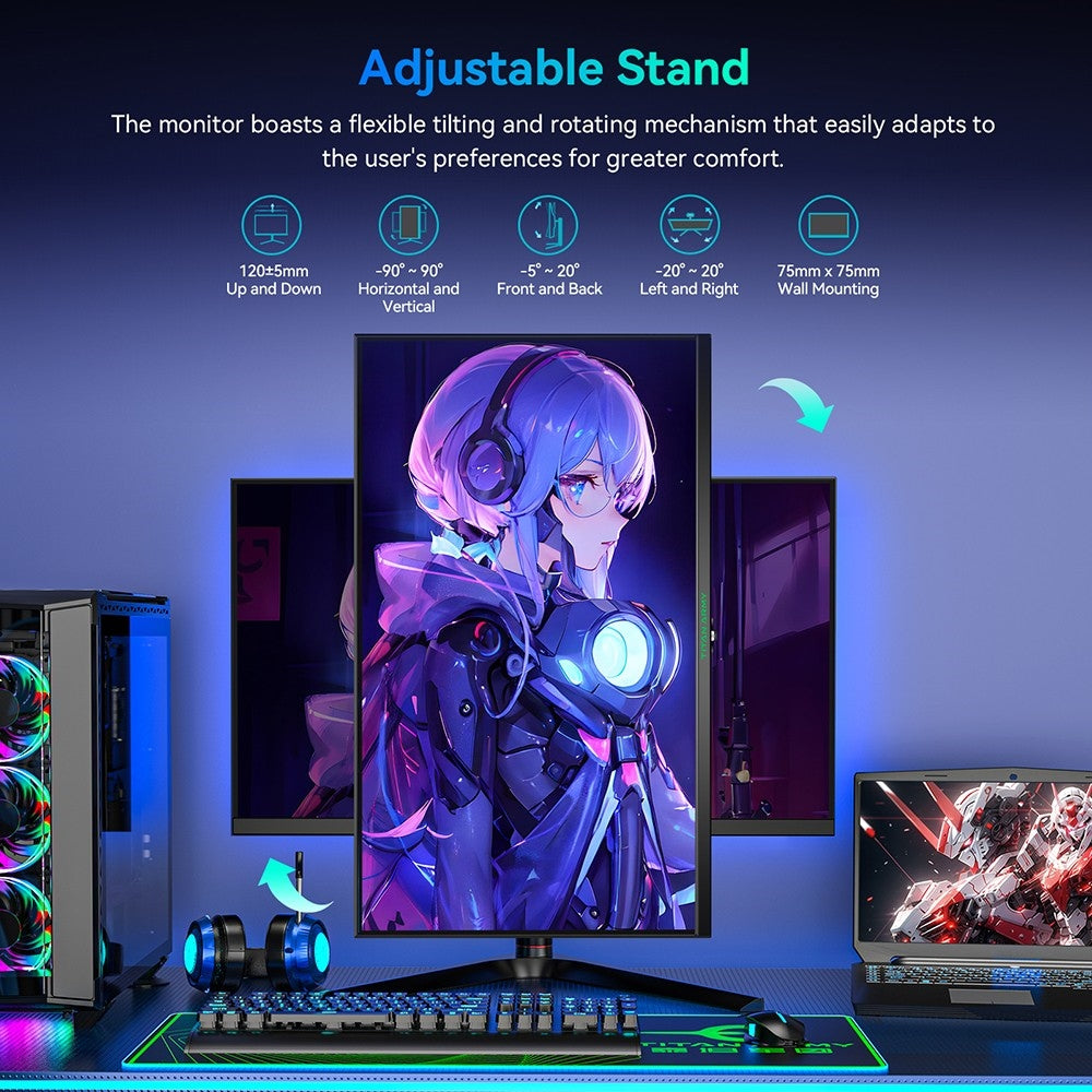 Herný monitor TITAN ARMY P27A2R s 27-palcovým displejom, vysokorýchlostný IPS panel s obnovovacou frekvenciou 180 Hz a adaptívnou synchronizáciou, rozlíšenie 2560*1440 QHD, doba odezvy 1 ms GTG, 95 % pokrytie farebného priestoru DCI-P3, podpora herných režimov FPS/RTS, režim s nízkou modrou vlnovou dĺžkou, 2x HDMI 2.0, 2x DP 1.4, 1x audio výstup, výškovo nastaviteľný stojan s možnosťou upevnenia na stenu (VESA).