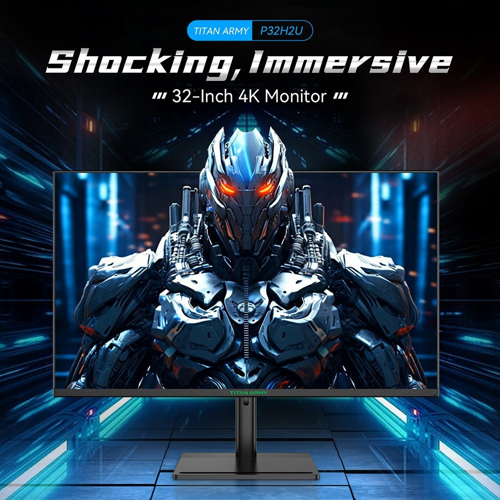 Komerčný monitor TITAN ARMY P32H2U, 32-palcový 4K UHD displej s rozlíšením 3840x2160, obnovovacia frekvencia 60 Hz, jas HDR10, nízka modrá svetelná vlna, vstavaný reproduktor, 95% farebný gamut DCI-P3, plne vybavený port USB-C s výkonom 65 W, montáž VESA.