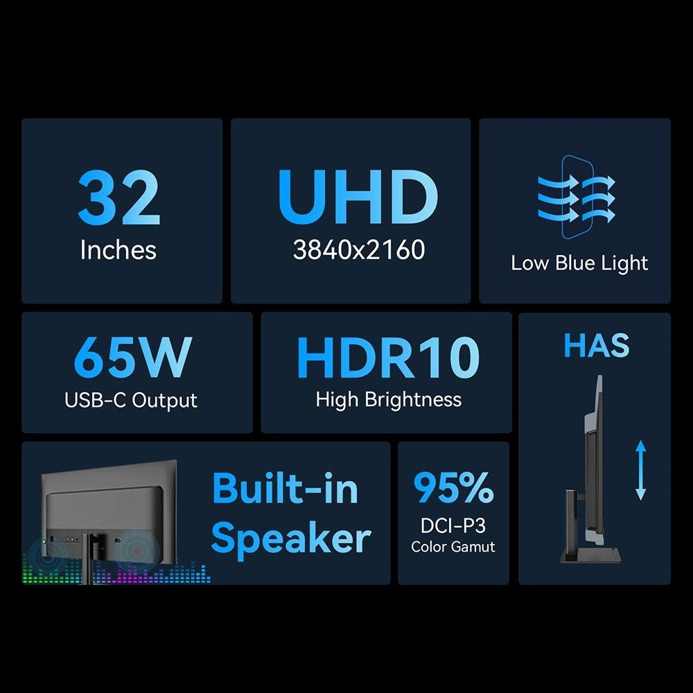 Komerčný monitor TITAN ARMY P32H2U, 32-palcový 4K UHD displej s rozlíšením 3840x2160, obnovovacia frekvencia 60 Hz, jas HDR10, nízka modrá svetelná vlna, vstavaný reproduktor, 95% farebný gamut DCI-P3, plne vybavený port USB-C s výkonom 65 W, montáž VESA.