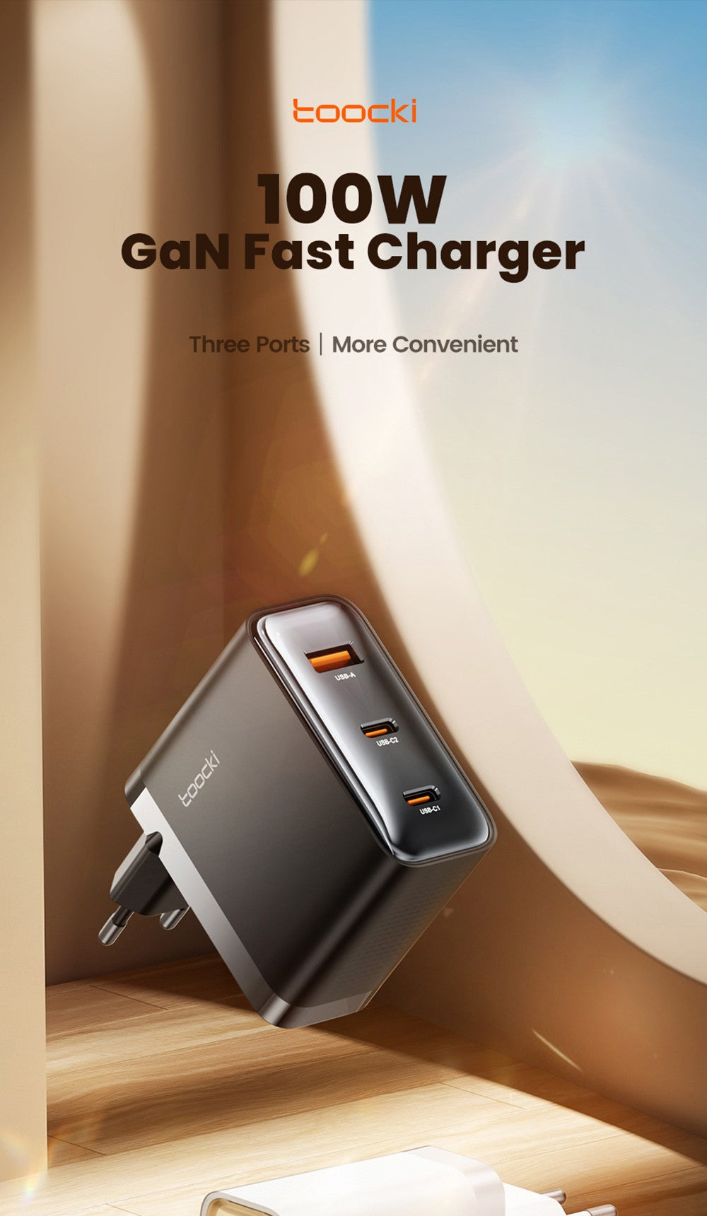 Toocki TCT100-XRB 100W GaN USB nabíjačka, trojportová s USB-C a USB-A, PD 3.0, pre iPhone, Huawei, Samsung, tablety a mobilné telefóny