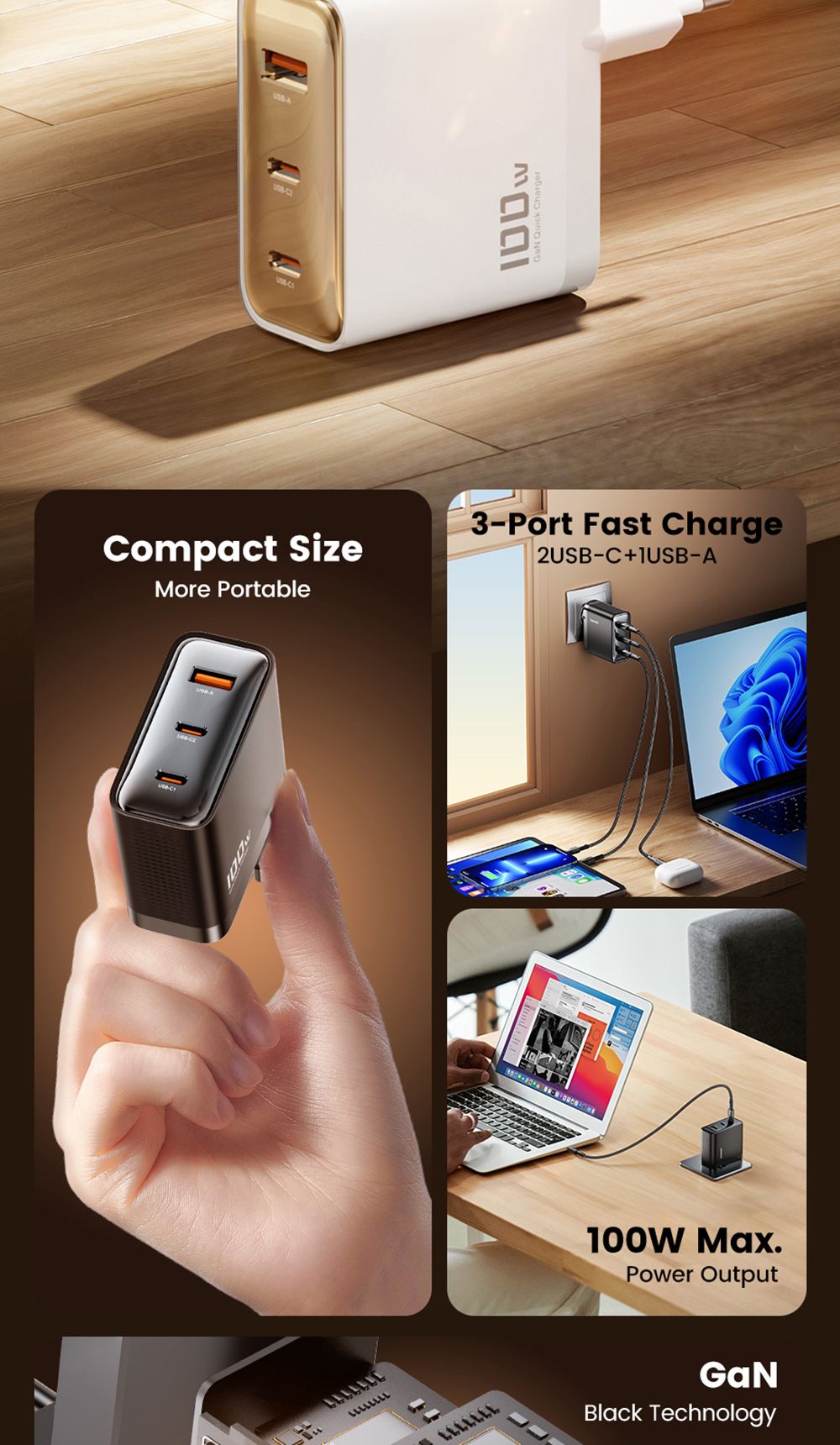 Toocki TCT100-XRB 100W GaN USB nabíjačka, trojportová s USB-C a USB-A, PD 3.0, pre iPhone, Huawei, Samsung, tablety a mobilné telefóny