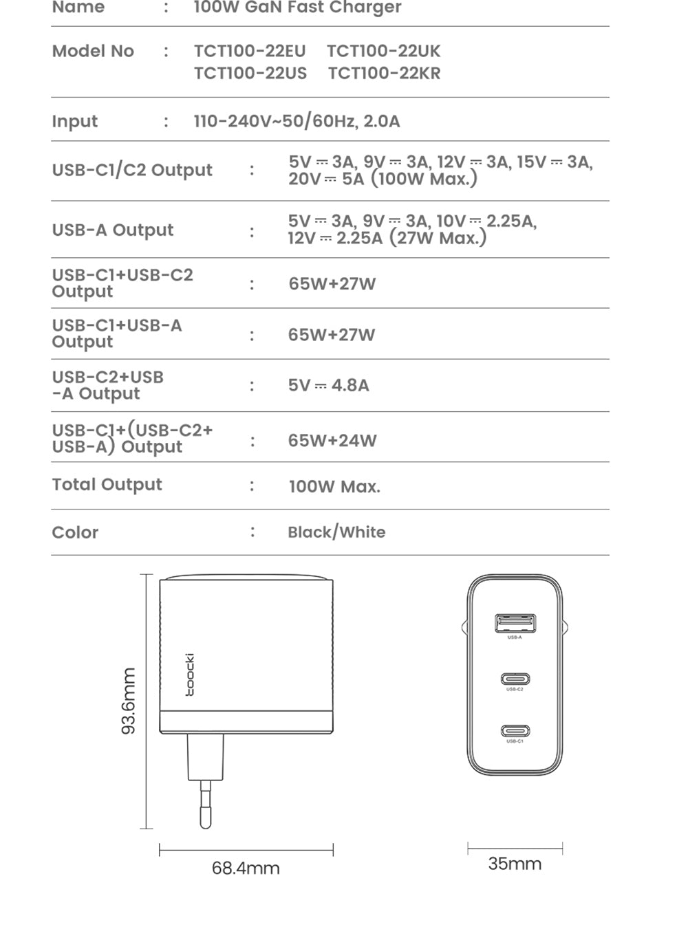 Toocki TCT100-XRB 100W GaN USB nabíjačka, trojportová s USB-C a USB-A, PD 3.0, pre iPhone, Huawei, Samsung, tablety a mobilné telefóny