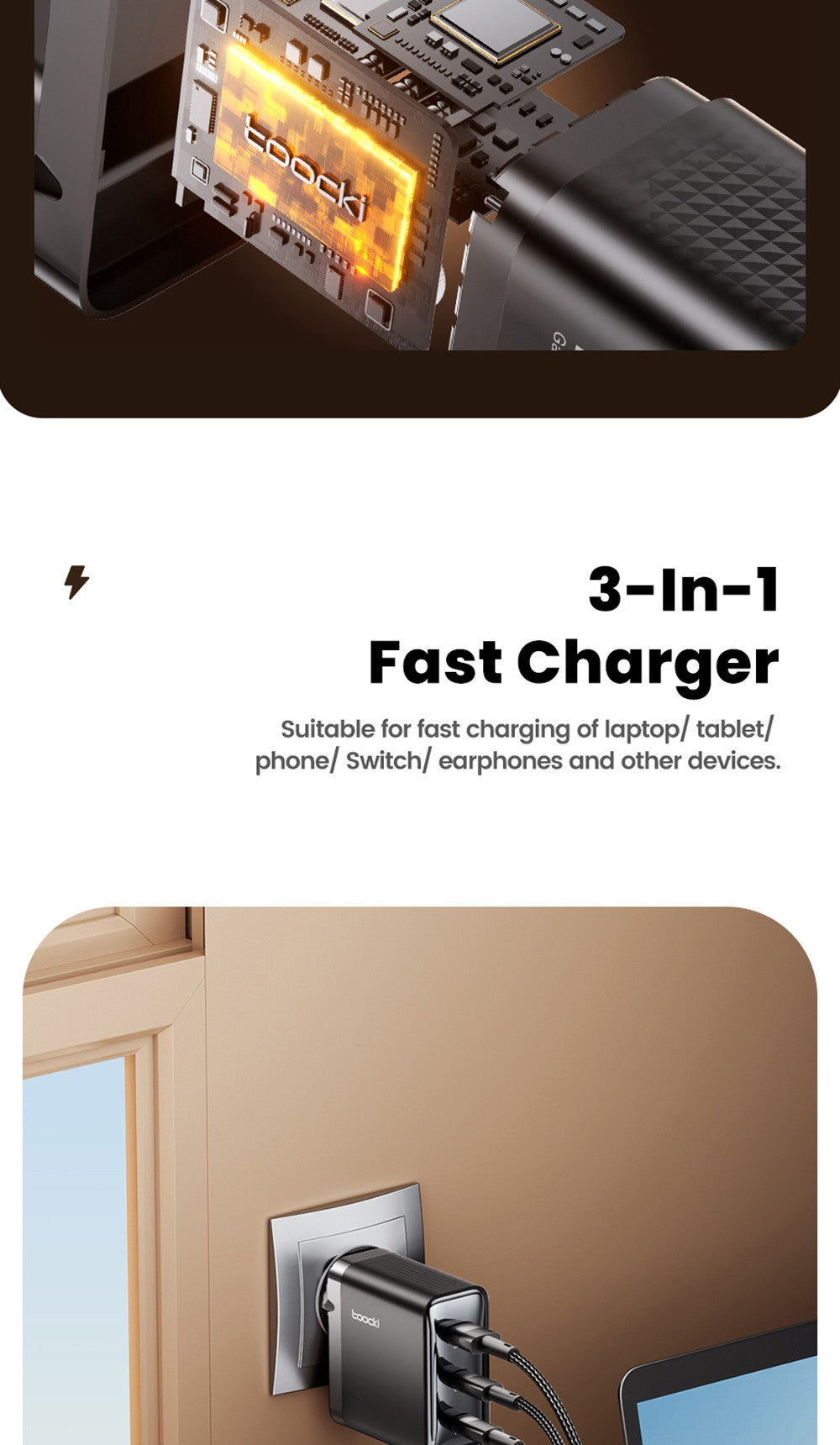 Toocki TCT100-XRB 100W GaN USB nabíjačka, trojportová s USB-C a USB-A, PD 3.0, pre iPhone, Huawei, Samsung, tablety a mobilné telefóny