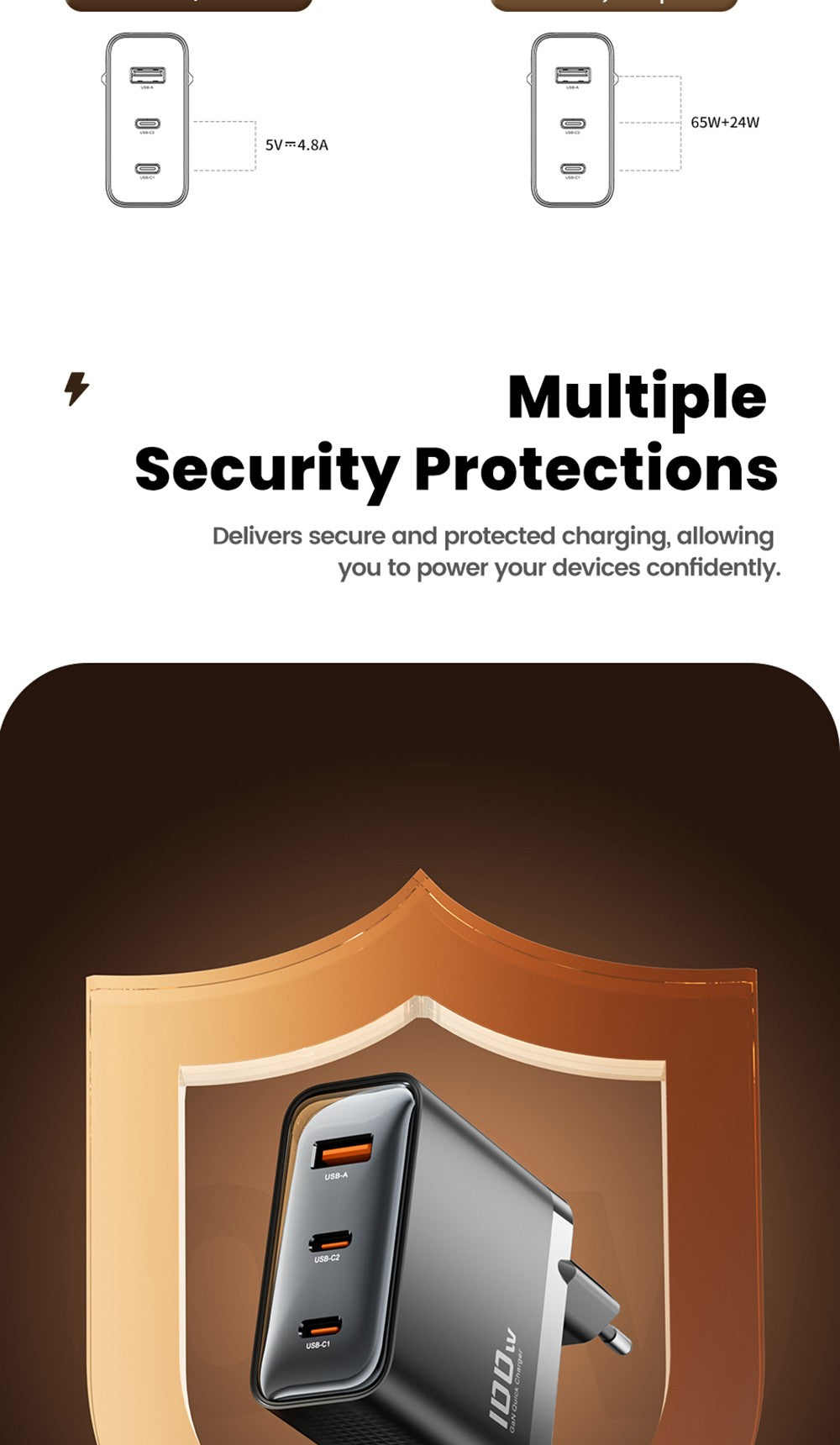 Toocki TCT100-XRB 100W GaN USB nabíjačka, trojportová s USB-C a USB-A, PD 3.0, pre iPhone, Huawei, Samsung, tablety a mobilné telefóny